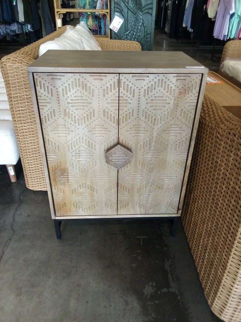 Craft Jivan Ash Gray Carved Wood Geo Storage Cabinet