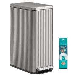 Trash Can, 13 Gallon (50 L) Slim, Stainless Steel, with Lid, Pedal Garbage Can for Kitchen, with Soft Close, Removable Inner Bucket, 15 Trash Bags (Co