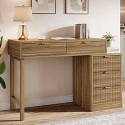 RY0242 Computer Desk with 5 Drawers, Reversible Small Writing Desk with Storage, Vintage Wooden Study Table Workstation for Home Office, Small Spaces,