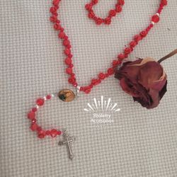 Sterling Silver 925 Rosary With Ceramic Red Roses And Glass Beads