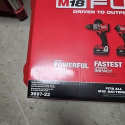 Milwaukee M18 FUEL 2-Tool Combo Kit, 1/2in. Hammer Drill/Driver, 1/4in. Hex Impact Driver, 2 Batteries, Charger, Model# 3697-22