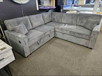 Beautiful‼️3-Pc Gray Convertible Sectional Sofa With Storage, Pullout Bed, And USB Port