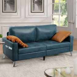 3 Seat Sofa for Home or Office, Morden Style PU Leather Couch Furniture, Stationary Sofa with Attached Seat Cushions (Blue + 3 Seat) $299  📍 Warehous