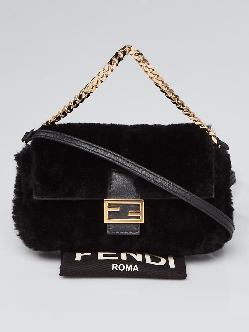 Fendi black nano Shearling Baguette Bag 8M0354