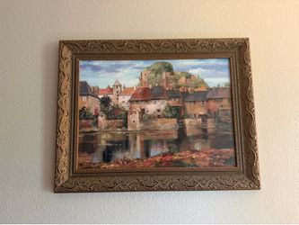 Vintage-Style Framed Oil Painting – Scenic European Riverside Village