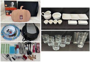 kitchen lot: cutting board tray + server ware + waffle maker glasses utensils
