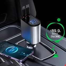 4 IN 1 Retractable Car Charger Cable Dual Port USB C PD Fast Charging Adapter