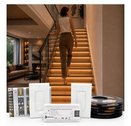RWOFNIA RW-24T LED Stair Lights Kit, 16 Steps, Warm White 3000K 3-Way Switch Control, 0-100% Dimmable Cuttable COB Strip, Plug-and-Play
