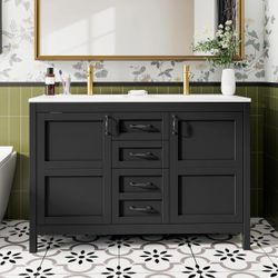 48" Farmhouse Double Sink Bathroom Vanity With 3 Drawers & Doors