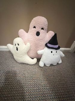 Ghost Pillow Plush Trio – Large Pink Boucle Ghost Pillow + White Ghost Pillow + Ghost in Witch Hat