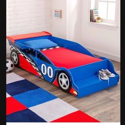 Wooden Kids Bed Racecar Toddler Bed Built-in Bench & Bed Rails Red & Blue