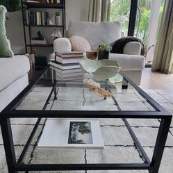 Wrought Iron Glass-Top Coffee Table With Shelf
