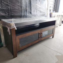 TV Stand , Glass Top, Sound Soundbar Station, Glass Door Shelf Storage $