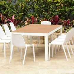 BRAND NEW 11 Piece Aluminum & Resin Patio Dining Set - White Stackable Chairs & Rectangular Table Furniture Set
