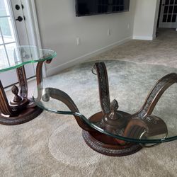 Elegant Glass Top Coffee & End Table Set - Ornate Carved Wood