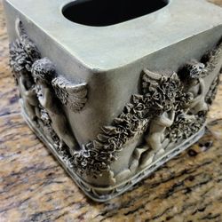 🕊️ Vintage Cherub Tissue Box Cover – Ornate Stone-Style Design