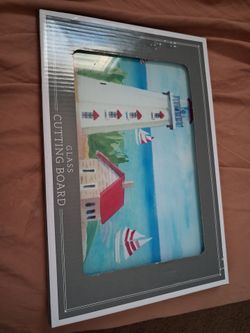 Glass Cutting Board Lighthouse Scene