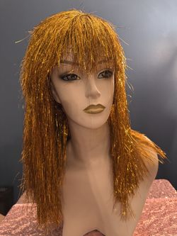 Metallic Gold Tinsel Wig with Layered Bangs - Shiny Gold