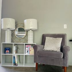 11" 6 Cube Organizer Shelf, Lounge Chair, Mirror