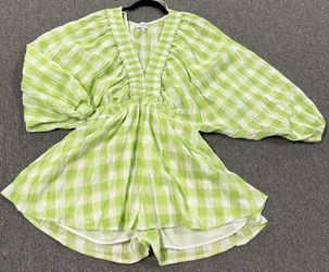 Green & White Deep-V Plaid Romper 
