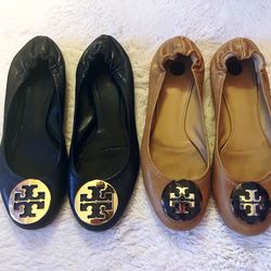 Two Pairs of Tory Burch Flat Shoes ,black and brown color ,size 9
