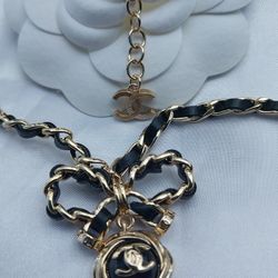 Gold Black Leather Bow Designer 18" Chocker Necklace