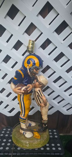 vintage, hand-painted lamp ceramic or resin Los Angeles Rams football player and referee table lamp featuring a humorous confrontation scene.