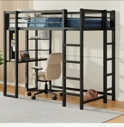 Black Metal Loft Bed with Built-In Desk