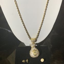 Beautiful 18in rope chain with moneybag pendant +free earrings