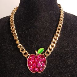 NWT Betsey Johnson Necklace Gold Tone  Red Apple Hot Pink Crystal Whimsical 