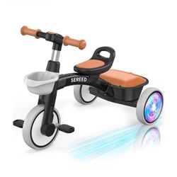 SEREED Colorful Lighting Toddler Tricycle for 2-5 Years Old Boys, Adjustable Seat&Handlebar Trike, Removable Basket, Birthday Gift Idea for Kids Ages 