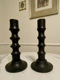 Pair of Carved Wood Taper Candle Holders (Dark Brown)