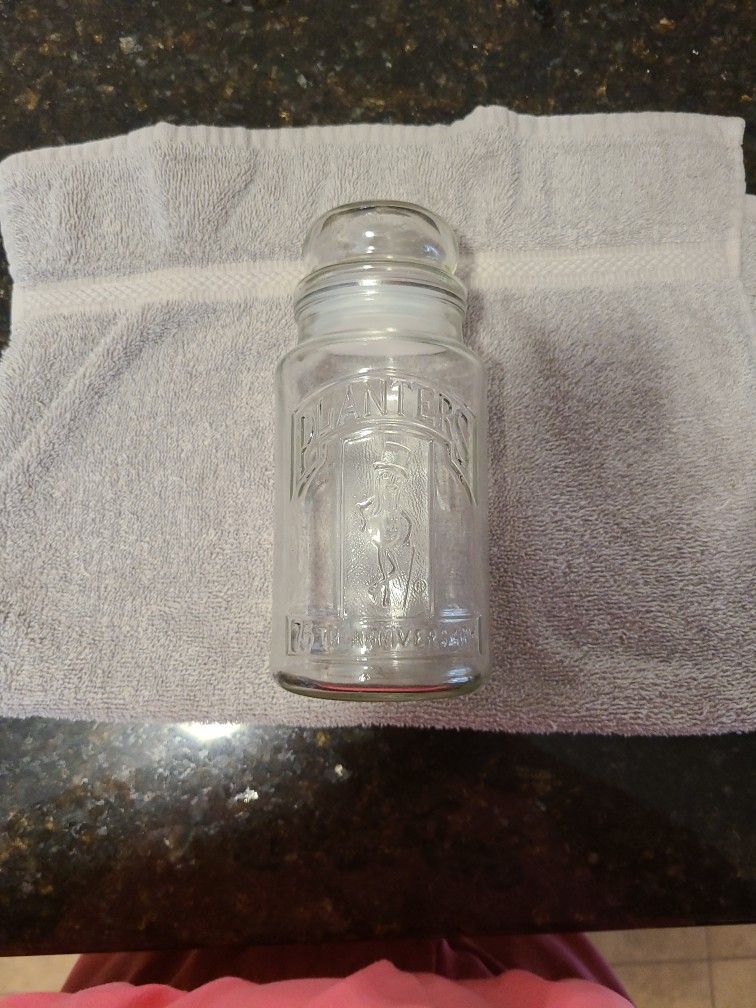 75th Anniversary Planters Peanuts Glass Jar & Stopper Lid