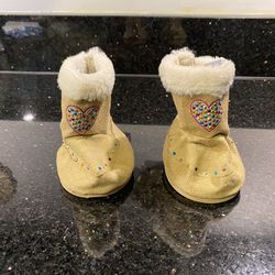 Build A Bear Tan Suede Beaded Fur Rim Boots