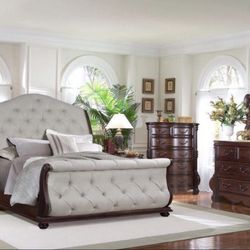 $1600 Queen 4pc Grey & Cherry Wood Sleigh Bed Set
