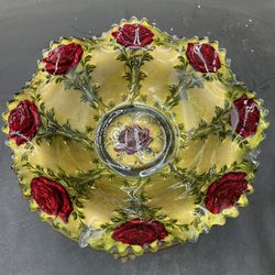 Antique Goofus Glass Bowl-Gold with Red Roses/Scalloped Sawtooth Edges 9.5”