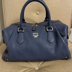 MCM Slate Blue Pebbled Saffiano Leather Boston Bag 