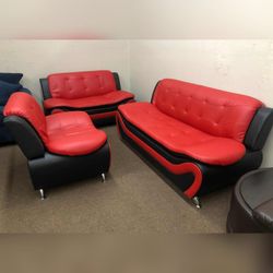 High Quality faux leather livingroom 3 pc sofa set Red & Black finish