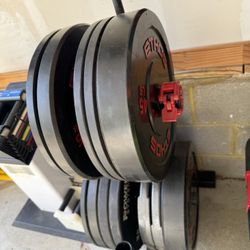 Olympic Barbell + Bumper Plates Set (300+ lbs) w/ Rack & Clips