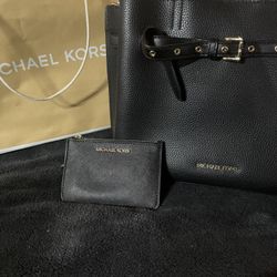 Michael Kors Black Leather Satchel / With Small Black Leather Wallet !!NEVER USED!!