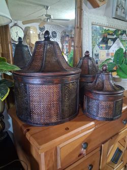 Decorative Woven Rattan Lidded Canister Set of 3