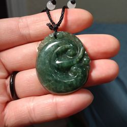Certified Nature Deep Green Oily Dragon Ruyi Pixiu Jade Jadeist Pdnt Rope.necklace 38x33x6mm 