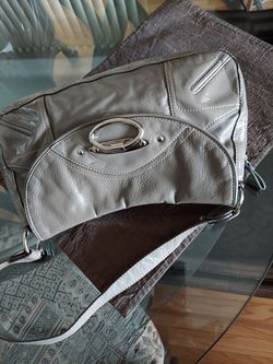 Gray leather purse.