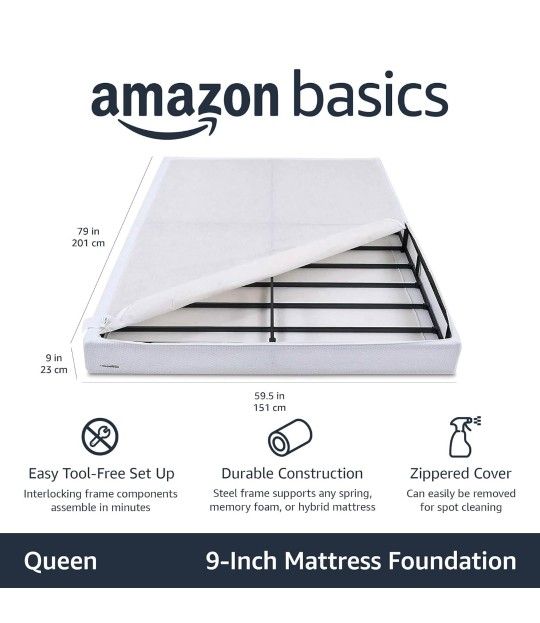Amazon Basics Smart Box Spring Bed Base, 9-Inch Height Mattress Foundation, Tool-Free Easy Assembly, Queen, 79"L x 59.5"W x 9"H, White