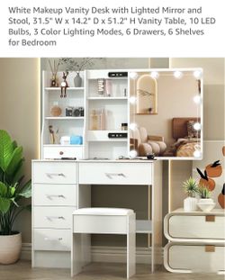 White Makeup Vanity Desk with Lighted Mirror and Stool