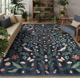 Insect Botanical Area Rugs Living Room Bedroom Dining Room 8x10 Black Non Slip, Washable, Indoor, Boho, Under Table, Home Office, Throw, Carpet, Playr
