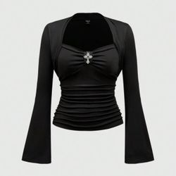 ROMWE Spring Casual Black Vintage Gothic Cross Pendant Solid Color Stretchy Long Sleeve T-Shirt For Women 