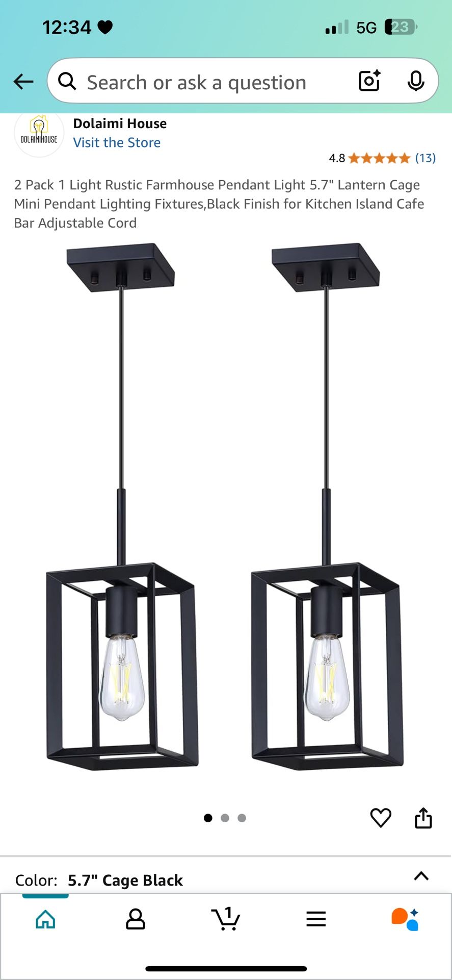 2 Pack Farmhouse Pendant Light 5.7" Lantern Cage Mini Pendant Lighting Fixtures,Black Finish for Kitchen Island Cafe Bar Adjustable Cor