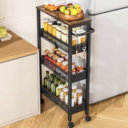 Utility Slim Storage Cart with Wheels, 4 Tier Small Rolling Cart with Wood Top, Metal Kitchen Bathroom Laundry Room Organization...