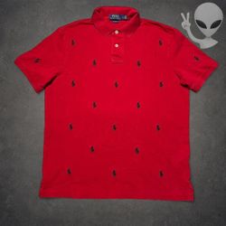 Polo Ralph Lauren Allover Pony Polo Shirt Mens M Red Classic Fit Embroidered
